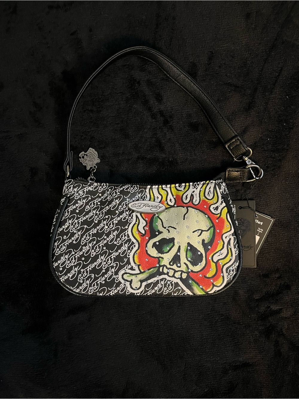 Ed Hardy Black Mini Shoulder Bag with Flaming Skull Graphic